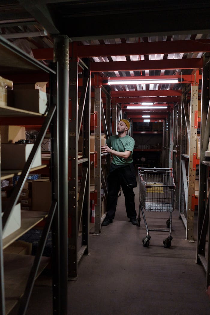 why-choose-us A man with a beanie and beard arranging items on a warehouse shelf with a cart nearby.